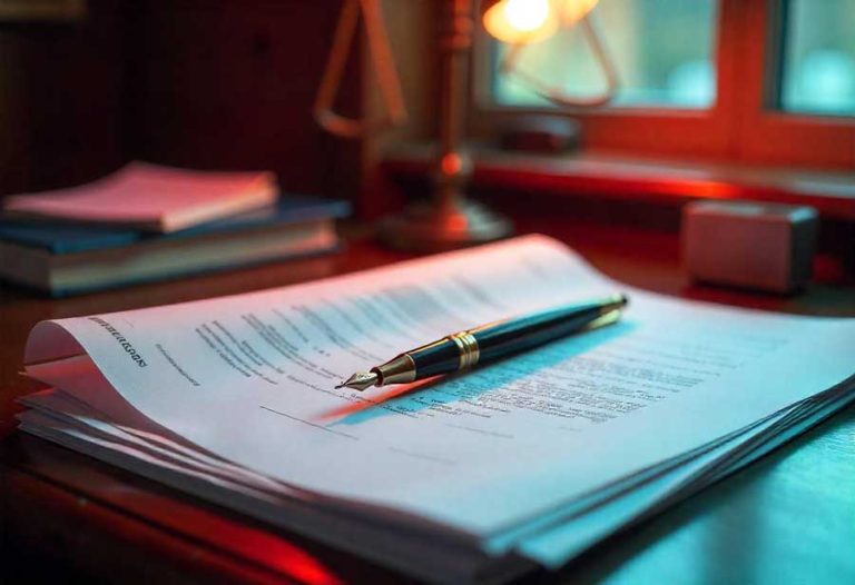 Bloc de folios en un escritorio con una pluma encima, representando la reforma del derecho marítimo español y la revisión de la ley marítima.